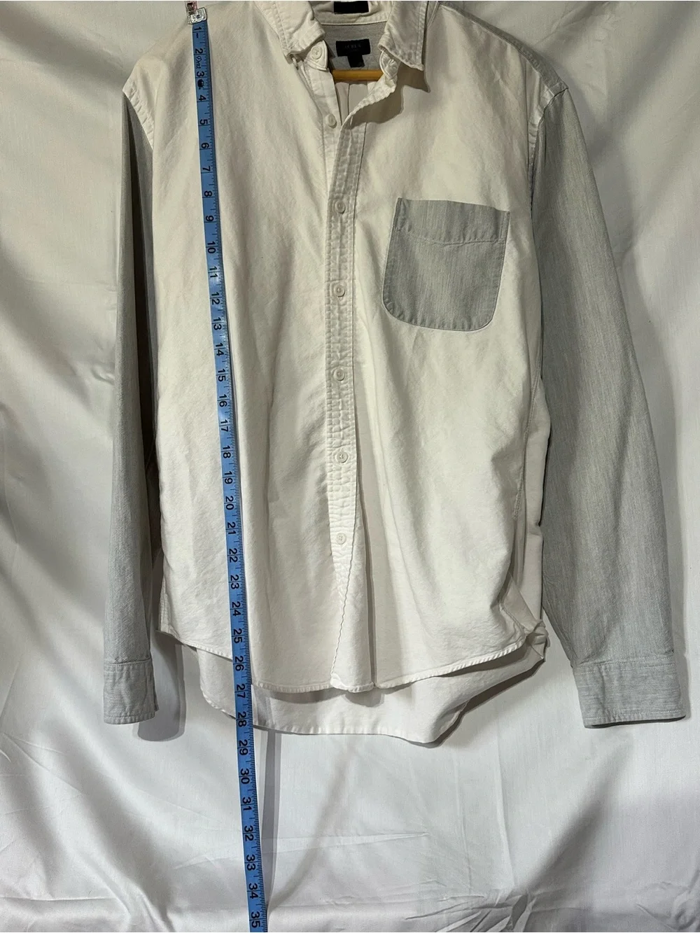 J. Crew Men's White Shirt with Light Gray Sleeves and Pocket